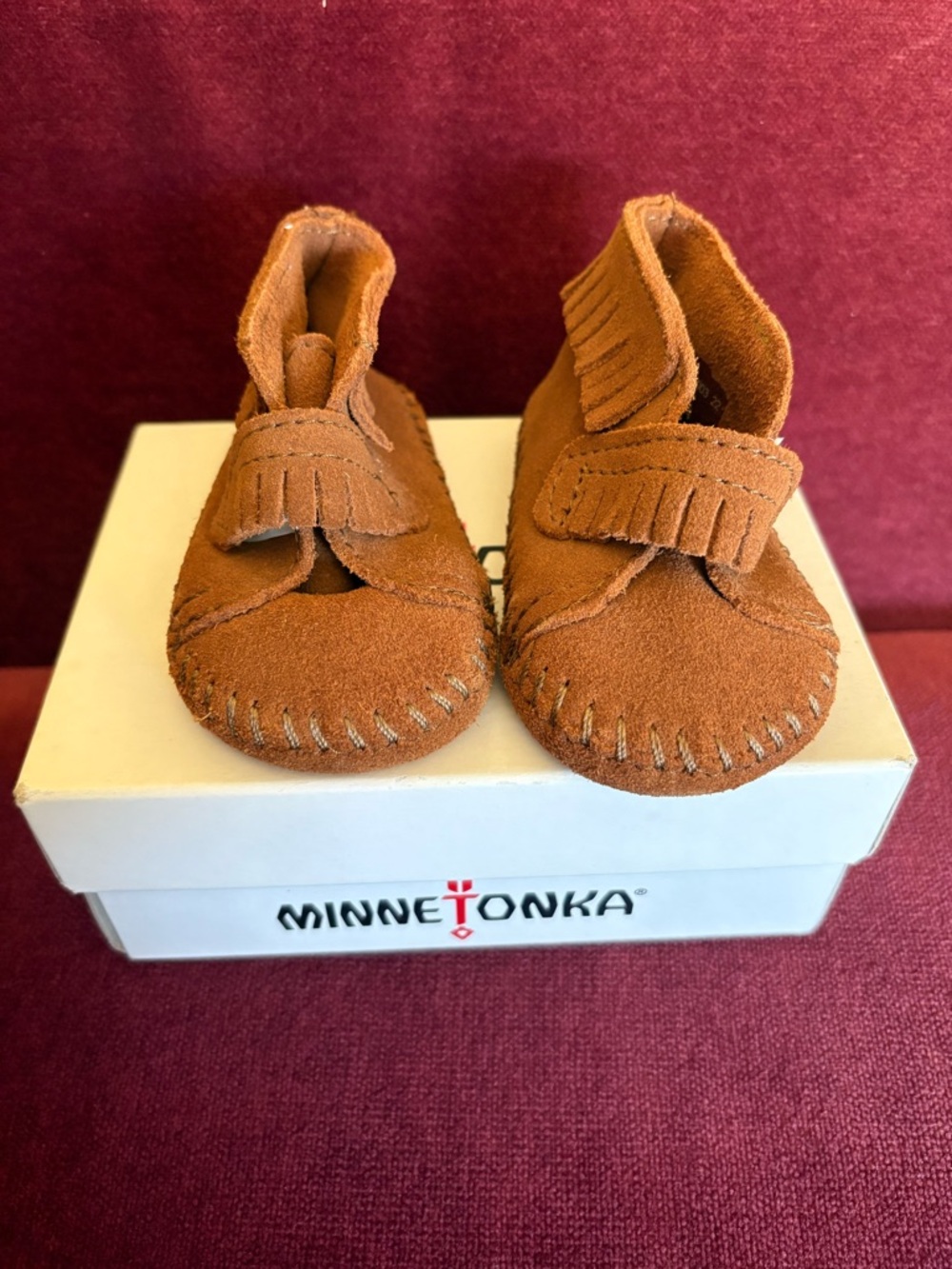 Minnetonka Brown Suede Fringe Baby Moccasins with Tassel Strap